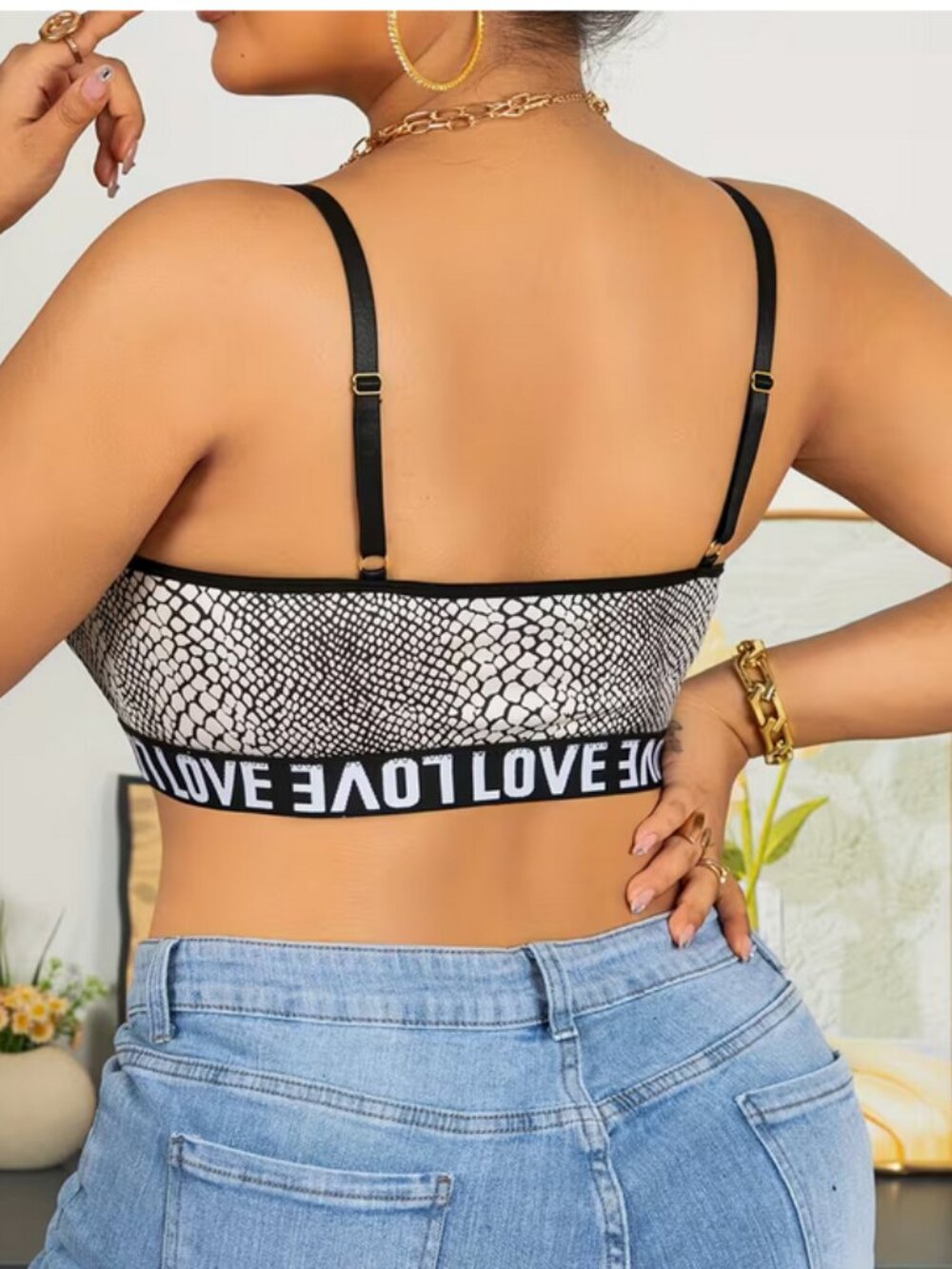 Plus Sexy Wireless LOVE Bra B/W Snakeskin Mesh Adjustable Straps Stretch 4X - Picture 2 of 5